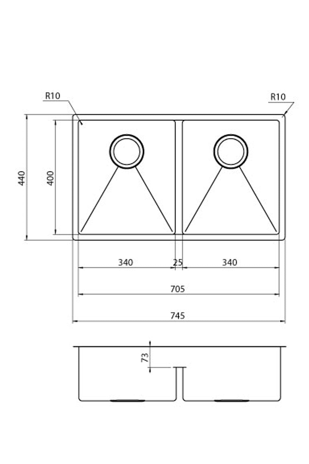 LUISINA 340+340mm R10-Corner Square Stainless Steel Double Sink 意大利製造小圓角不銹鋼雙星盆 | Made in Italy |