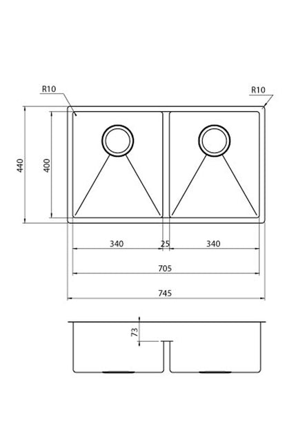 LUISINA 340+340mm R10-Corner Square Stainless Steel Double Sink 意大利製造小圓角不銹鋼雙星盆 | Made in Italy |